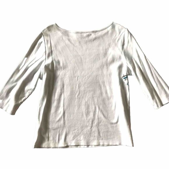 Christopher & Banks Top Tee L White Aqua Stripe 3/4 Slv Sequins Cotton Knit EEUC - Picture 6 of 9